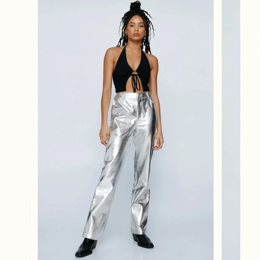 NASTY GAL Metallic Star Bum Faux Leather Trousers Silver Pants - Picture 3 of 12